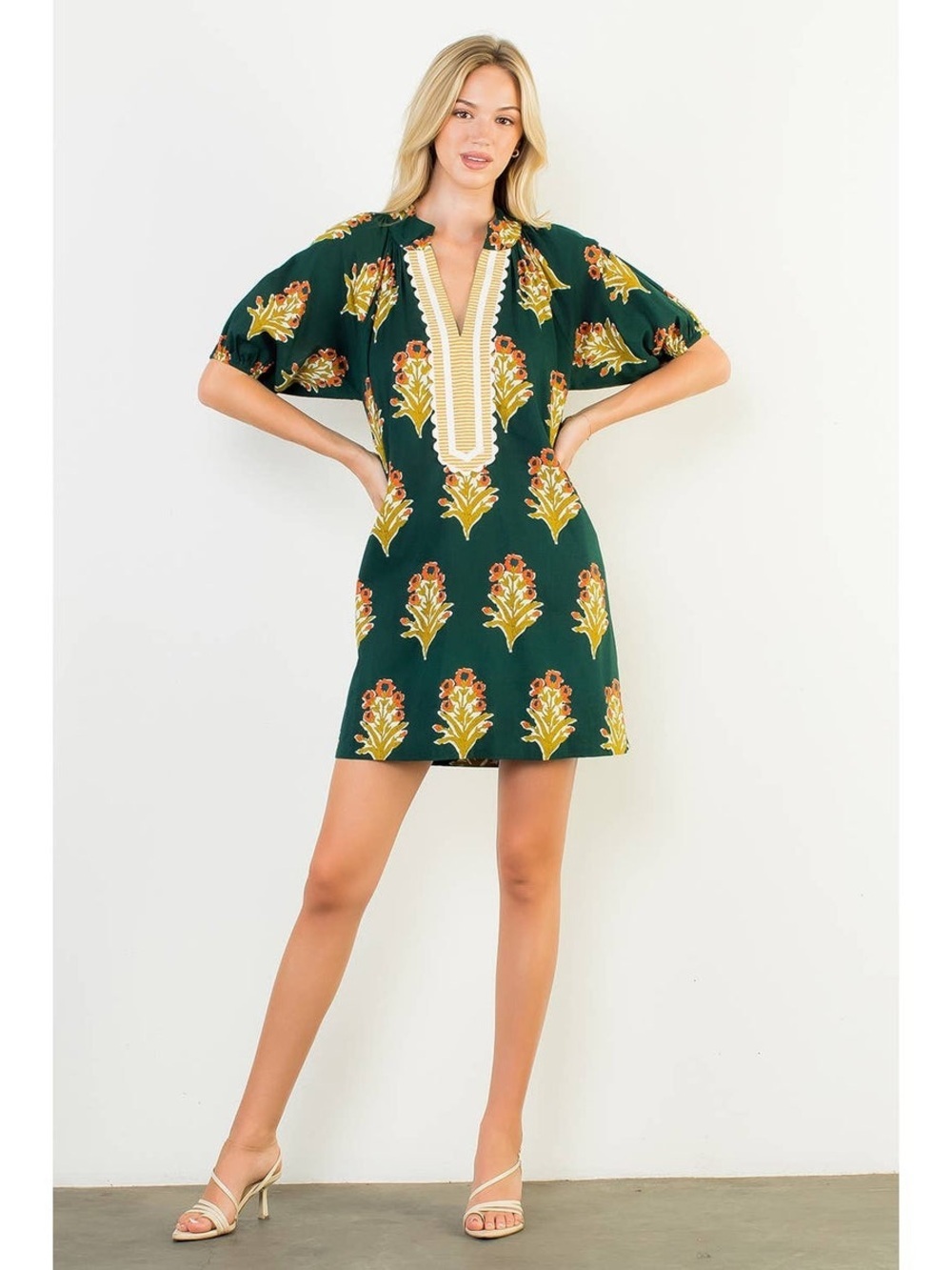 THML Floral Print V-Neck Striped Detail Mini Dress - Sz Small